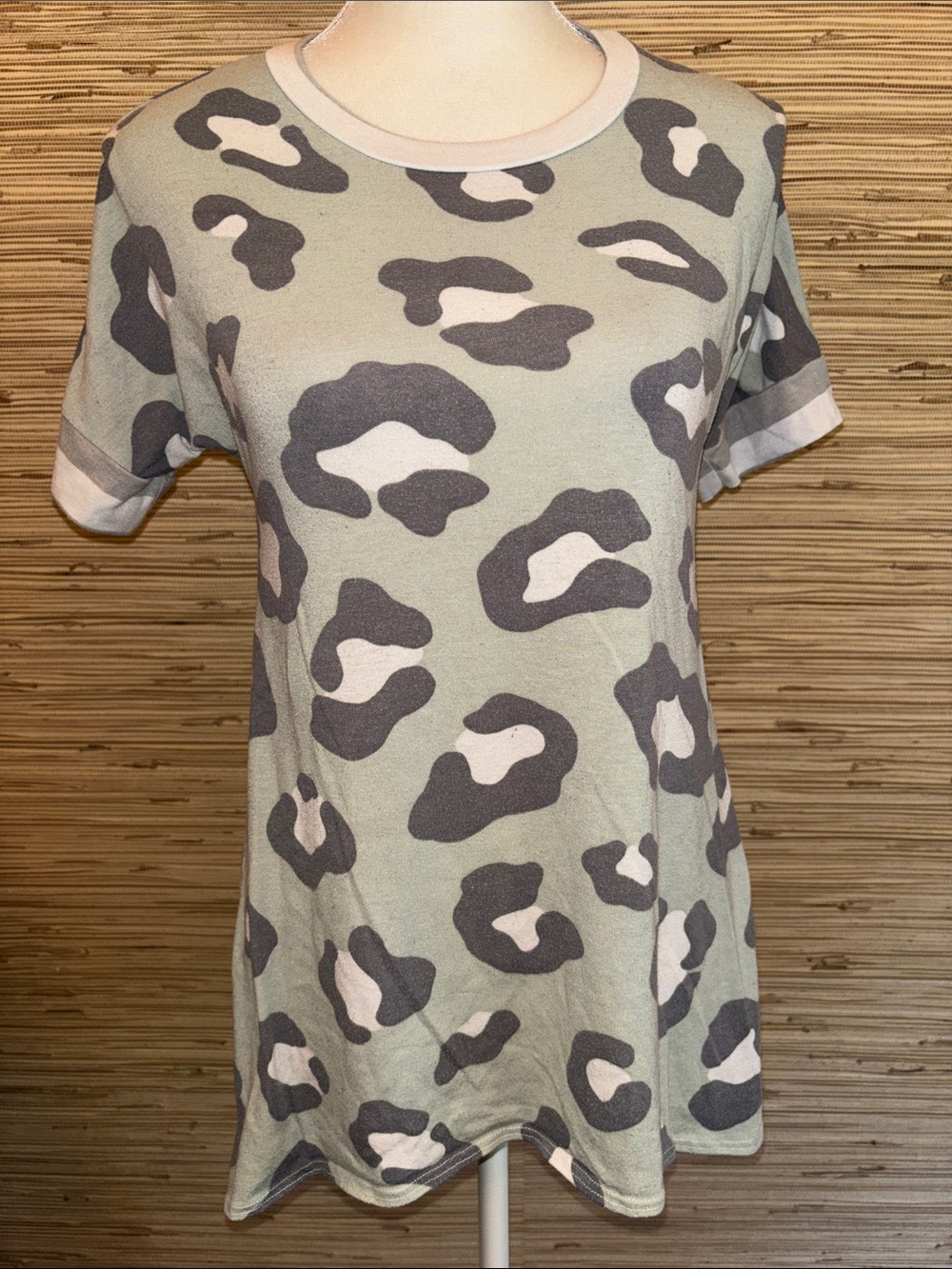 Women's Sage Green Leopard Print Tee small